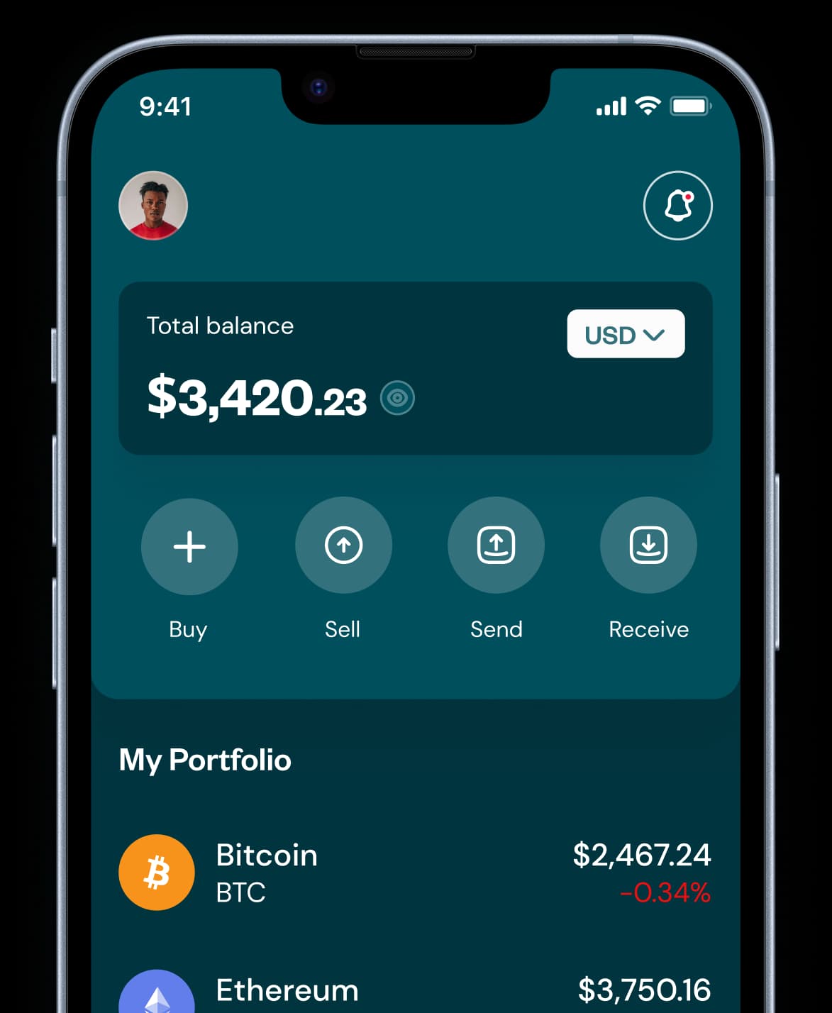 Puplar mobile app showing balances, crypto actions, and a portfolio