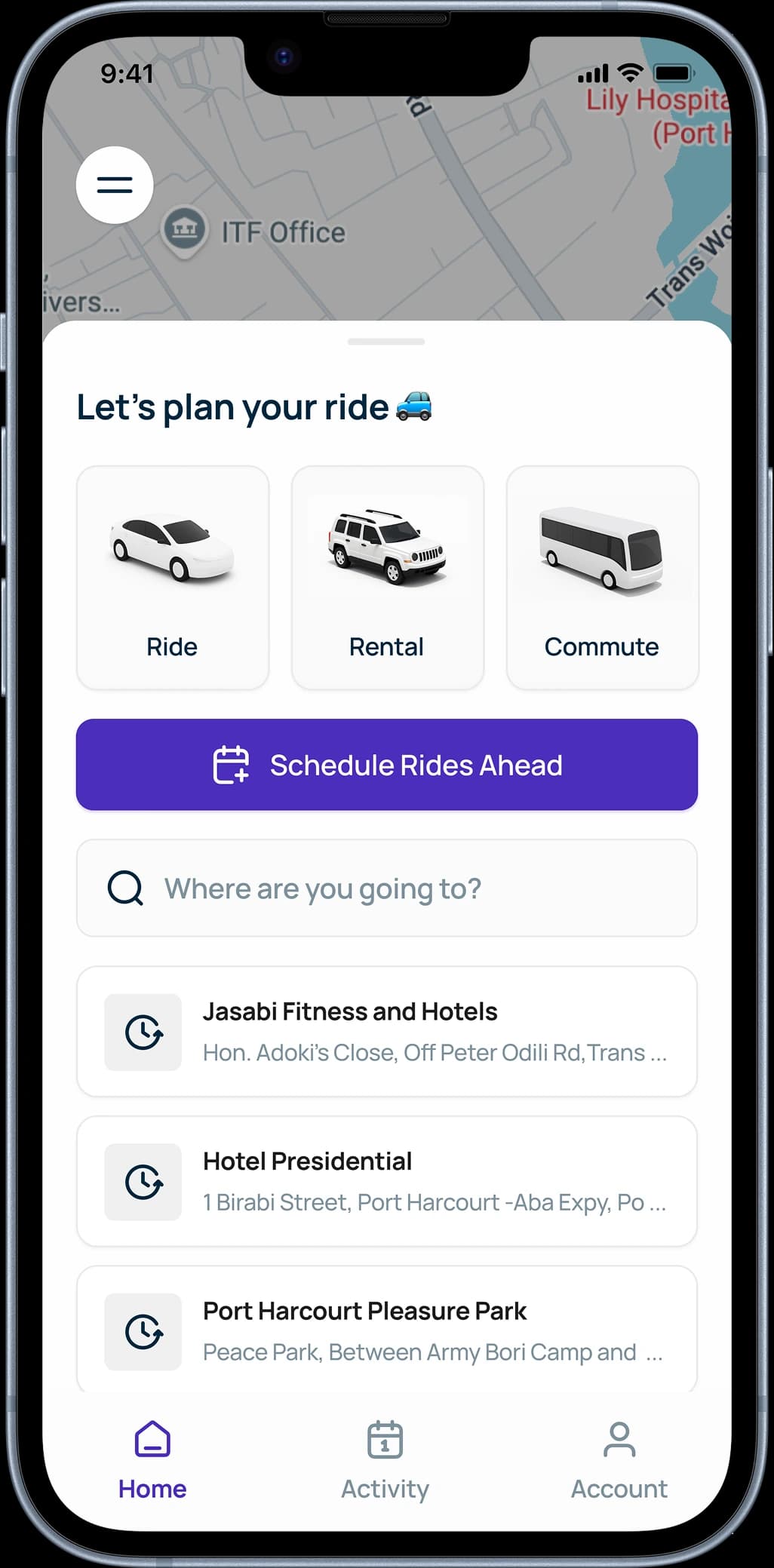 Dash mobile ride booking and discovery screen