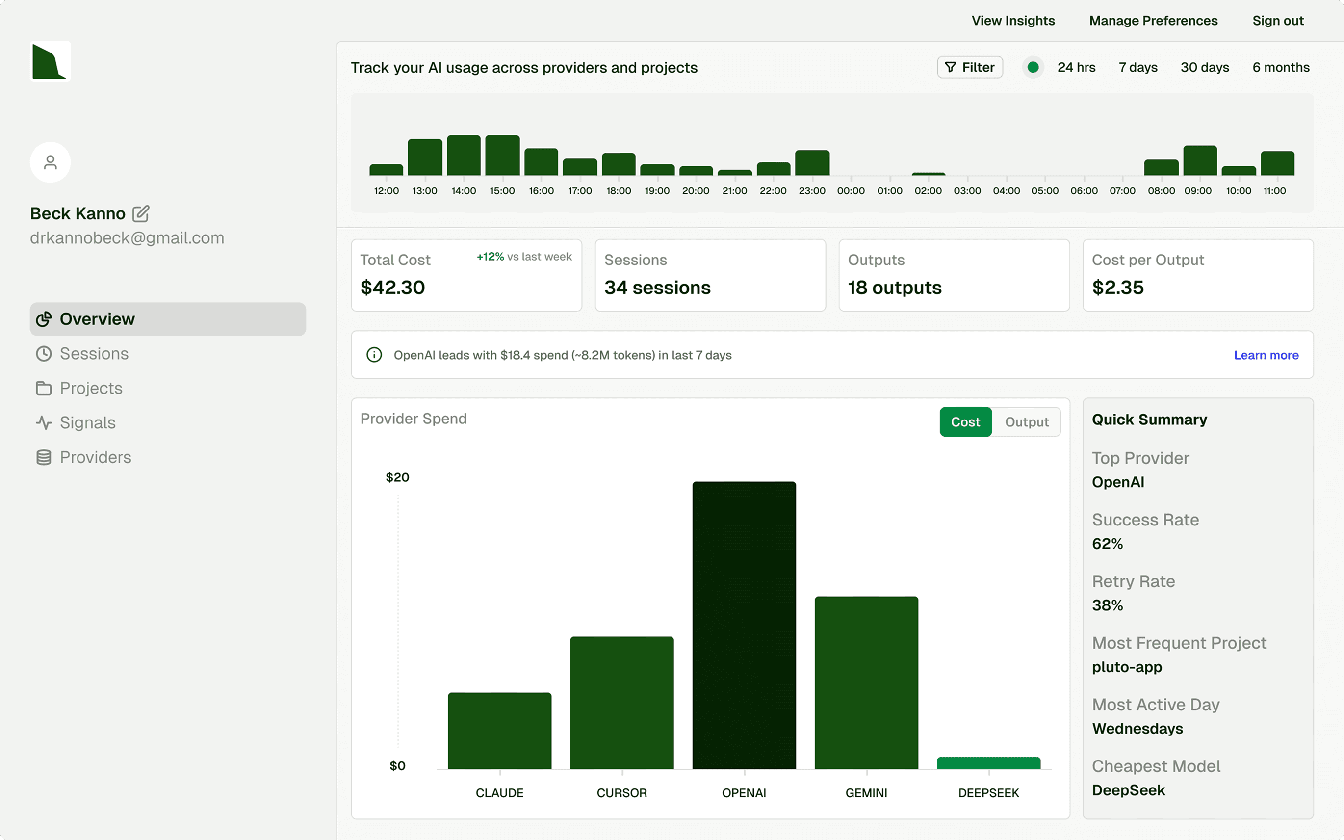 Ledger overview screen showing AI usage across providers and projects, total cost, sessions, outputs, provider spend, and quick summary signals.